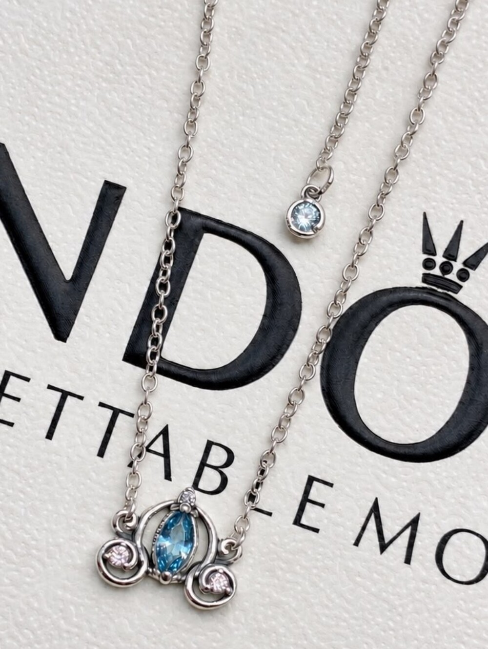 Sterling Silver Blue & Light Pink Pendant Necklace Cinderella style